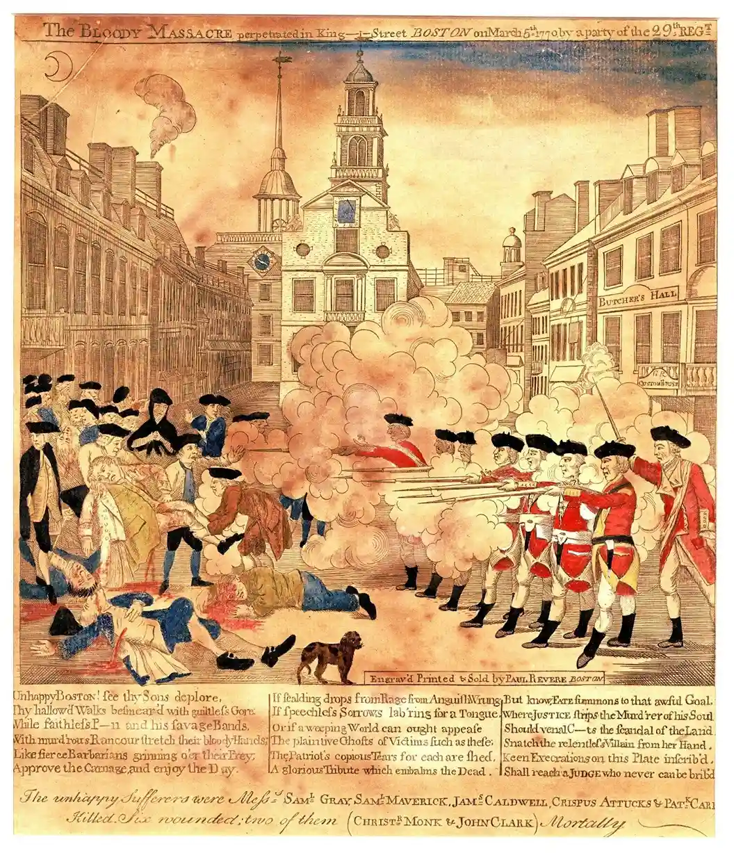 Massacre de Boston, Gravure du massacre de Boston par Paul Revere, StudySmarter