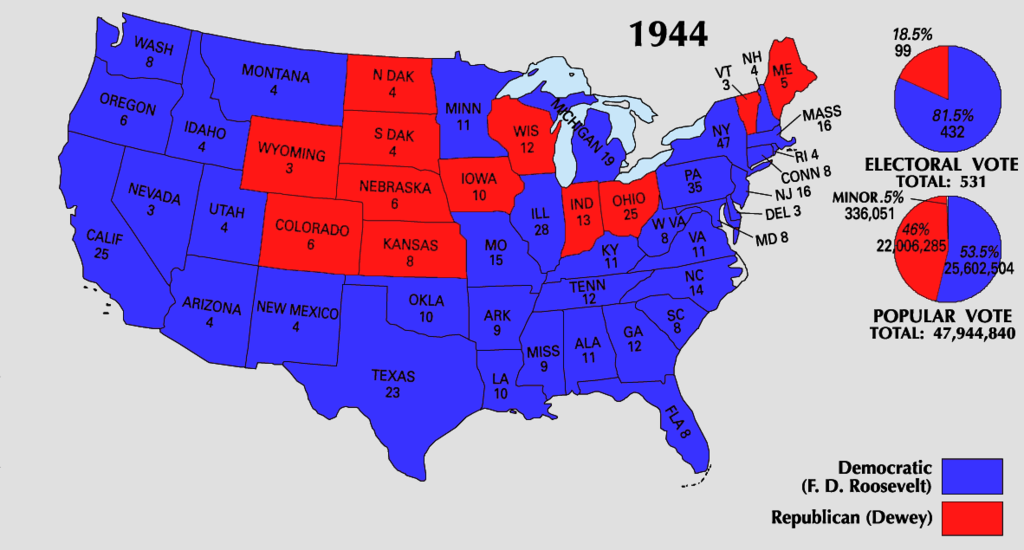 Election of 1944 This map shows the electoral vote count for each state and the winner of those electoral votes for the presidential election of 1944 StudySmarter
