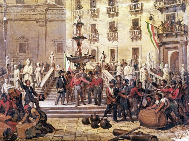 Unification italienne Tableau représentant Garibaldi à la tête des Chemises rouges dans la ville sicilienne de Palerme StudySmarter