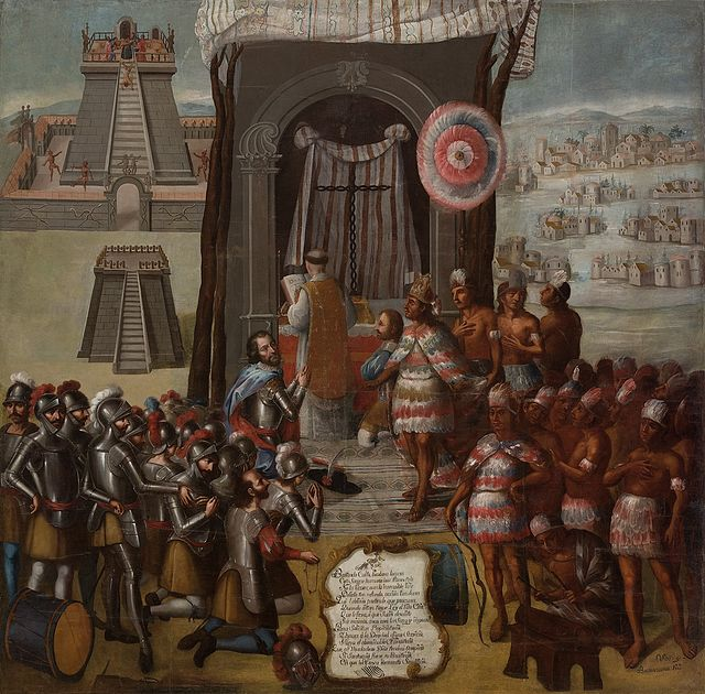 Representación de la primera misa católica española en la ciudad azteca de Tenochtitlan, pintada en 1751 por José Valderrama. Fuente: Wikimedia Commons (dominio público)