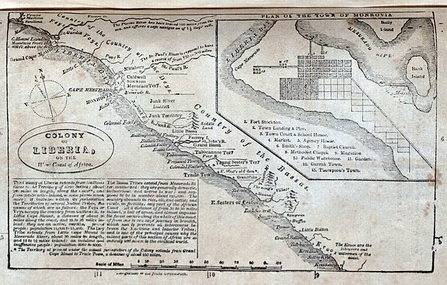 Mapa de 1863 de la Sociedad Americana de Colonización que muestra las colonias de la Sociedad Americana de Colonización en LiberiaEstudiarMás