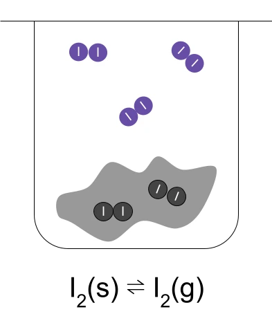 Un vaso de precipitados con moléculas de yodo en estado sólido y gaseoso. Equilibrio dinámico, StudySmarter
