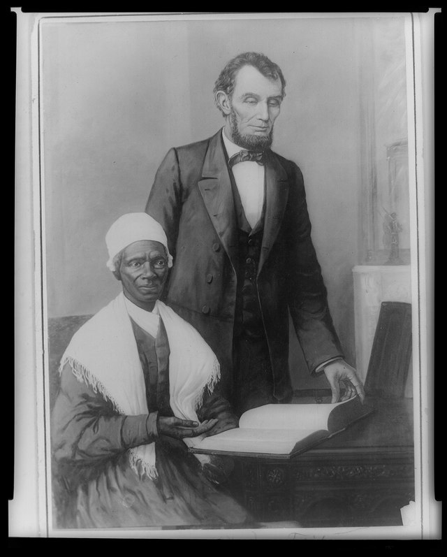 Un dessin en noir et blanc de Sojourner Truth avec Abraham Lincoln StudySmarter