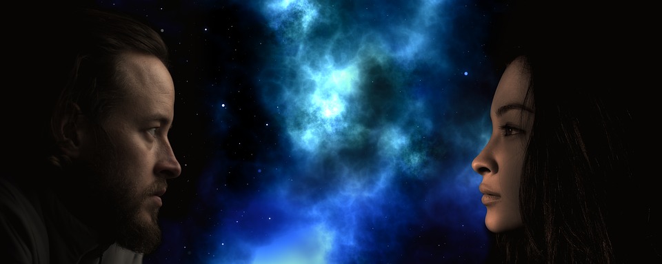 Eye Contact, man and woman maintaining eye contact in front of a galaxy background, StudySmarter