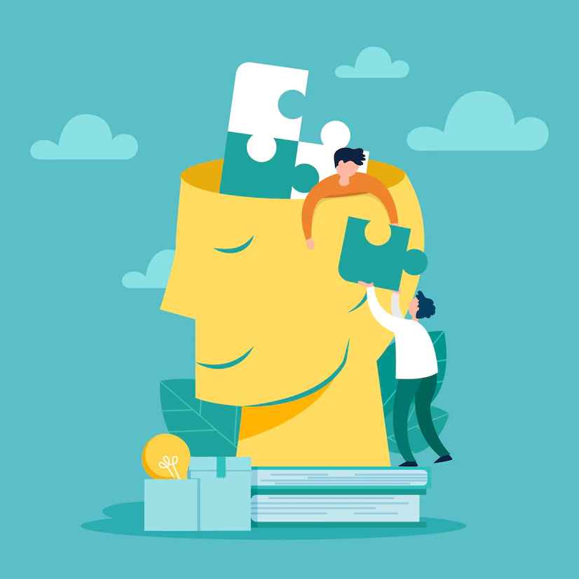 Trait Theory of Personality, Man handing a jigsaw piece to another who is inside a model of a large head with three jigsaw pieces already connected together, StudySmarter