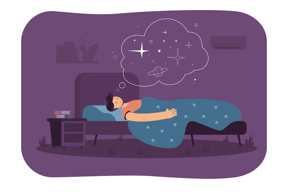 Hormonas, hombre dormido en su cama soñando con estrellas y planetas, StudySmarter