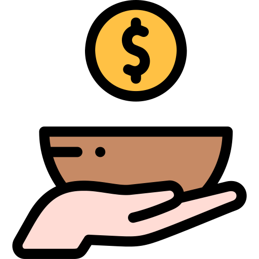 Social Stratification, icon of hand holding dish with coin falling into it, StudySmarter