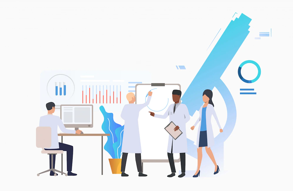 Primary and Secondary Data, multiple scientists consulting icons of research, StudySmarter