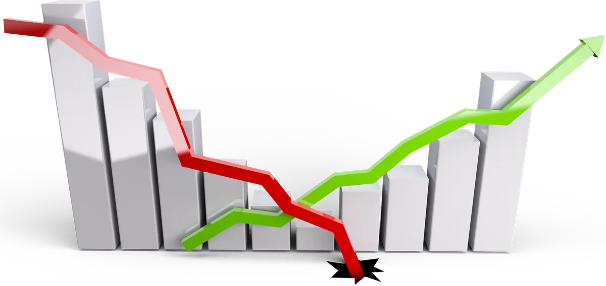 Croissance de la population, Flèches rouges et vertes devant une illustration de diagramme à barres où la flèche rouge s'enfonce dans le sol et la verte monte, StudySmarter