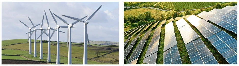 Sources d'énergie renouvelable Un parc éolien à la campagne et un parc solaire sur un champ incliné StudySmarter