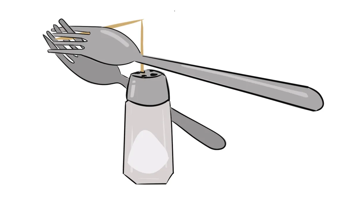 Momentos, Palancas y Engranajes, Ilustración de Dos horquillas en equilibrio sobre el extremo de un palillo, StudySmarter