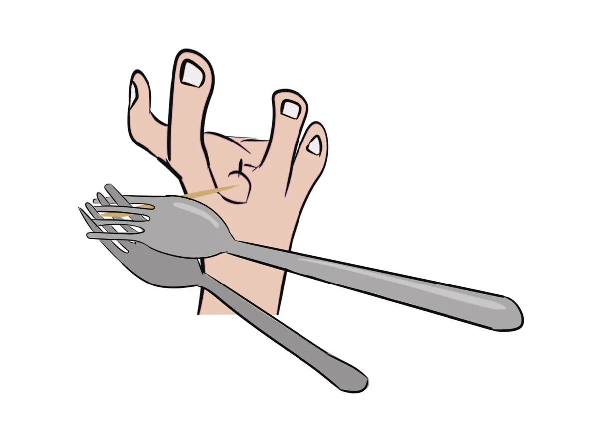 Momentos, Palancas y Engranajes, Ilustración de una mano equilibrando dos tenedores sobre un palillo, StudySmarter