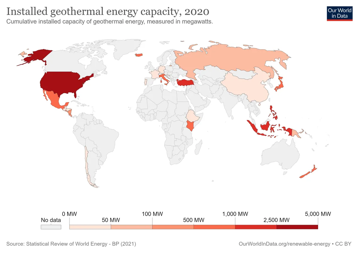 Energía geotérmica Capacidades de energía geotérmica de los países mostradas en el mapa del mundo StudySmarter
