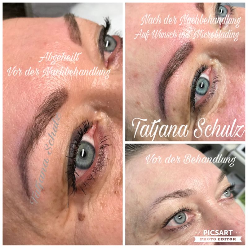 Permanent Make-up. Bild links- abgeheilt nach der 1 Behandlung (Shading). Bild rechts oben- Nachbehandlung mit Microblading ( sofort nach der Behandlung).
