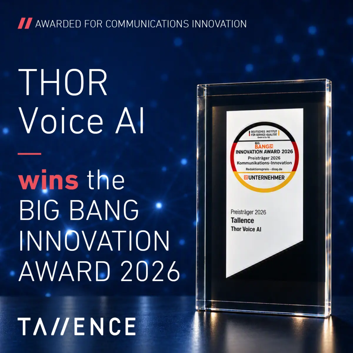 Tallence’s THOR Voice AI wins the BIG BANG INNOVATION Award 2026 in the Communications Innovation category. The award trophy is shown on the right.