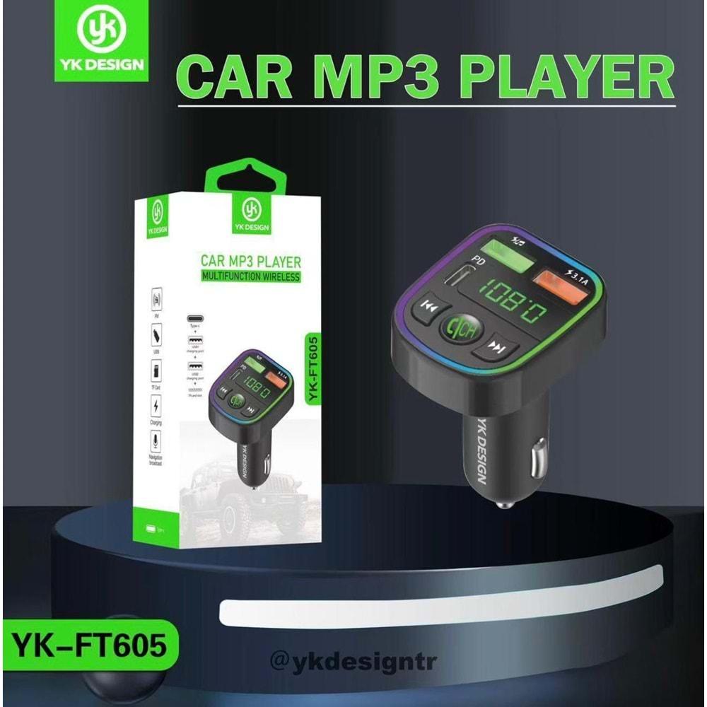  YK DESİGN FT605 ARAÇ FM TRANSMİTTER BLUETOOTH USB MP3 SD KART PD TYPEC ŞARJ