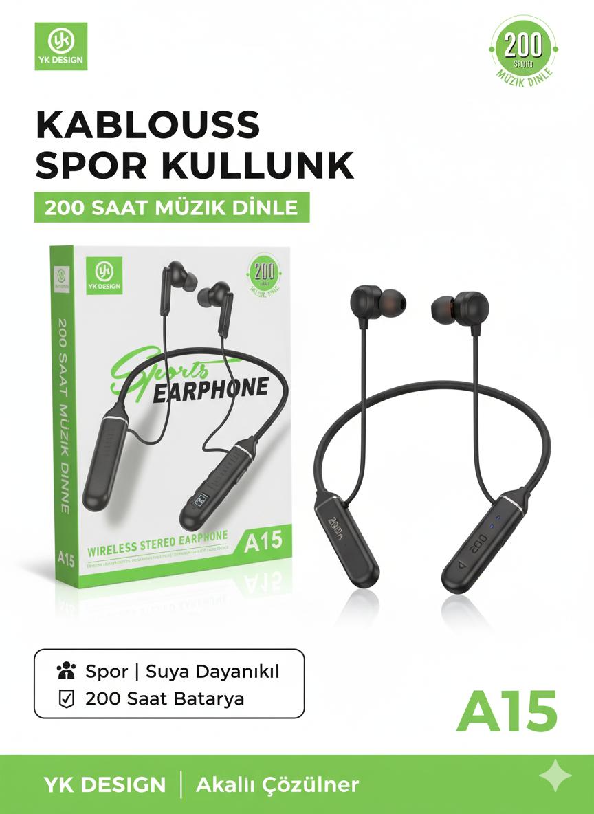 YK DESING A15 200 SAAT BOYUN ASKILI KULAKLIK BLUETOOHLU 