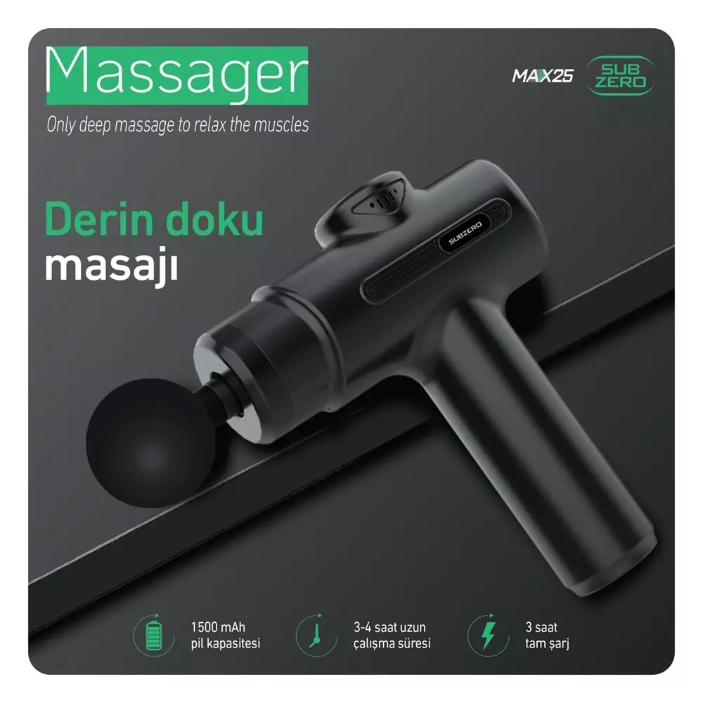 SUBZERO MAX25 DARBELİ TİTREŞİMLİ ŞARJLI SPORCU MASAJ TABANCASI MASAJ ALETİ KAS
