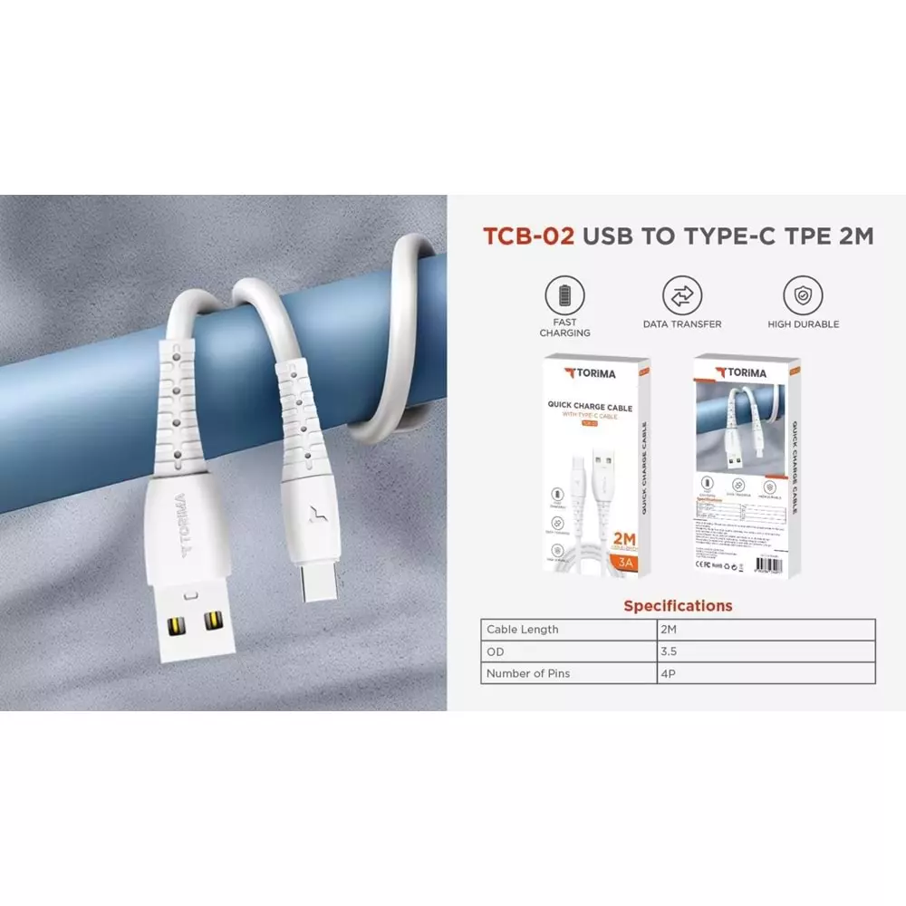 TORİMA TCB-02 2MT USB TO TYPE-C ŞARJ KABLOSU