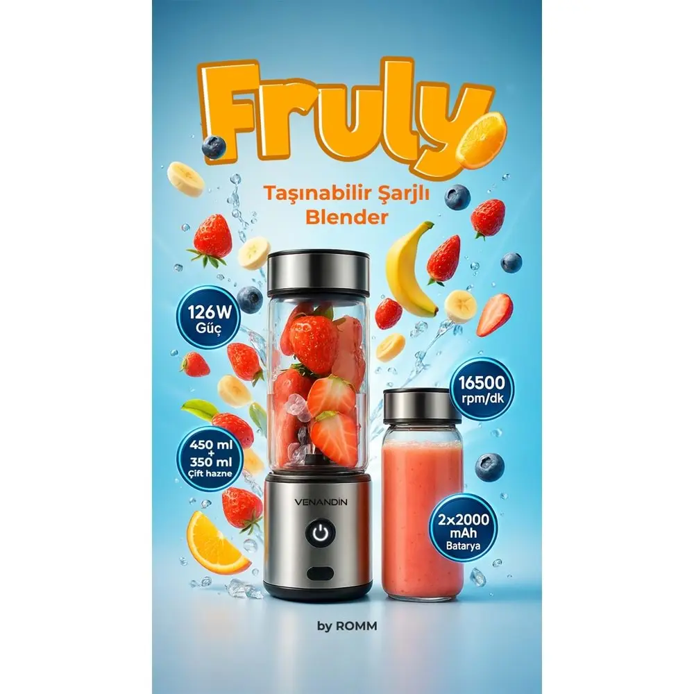 VENANDİN FRULY 450 ML TAŞINABİLİR ÇELİK GÖVDE TYPE-C ŞARJLI BLENDER VE SHAKE'N SMOOTHİES MEYVE