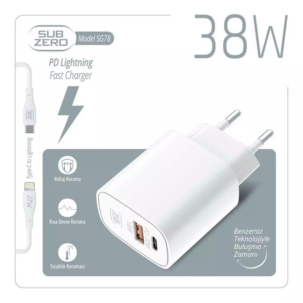 SUBZERO SG78 38W USB/PD GİRİŞİLİ LİGTNİNG FAST ŞARJ ALETİ 
