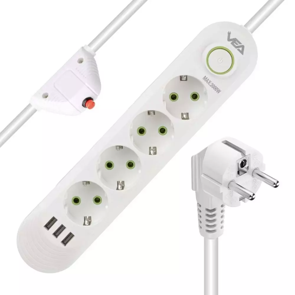 VEA VA-21560 4'LÜ 3 USB'Lİ 1.5 METRE AKIM KORUMALI PRİZ BEYAZ