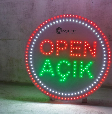 OPEN AÇIK LEDLİ PANO YUVARLAK ANİMASYONLU YAZI TAM TAKIM 44X44 CM 