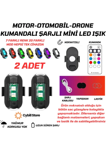 2LED MOTO ÇAKAR ŞARJLI IŞIKLI 7 FARKLI RENK UZAKTAN KUMANDALI 