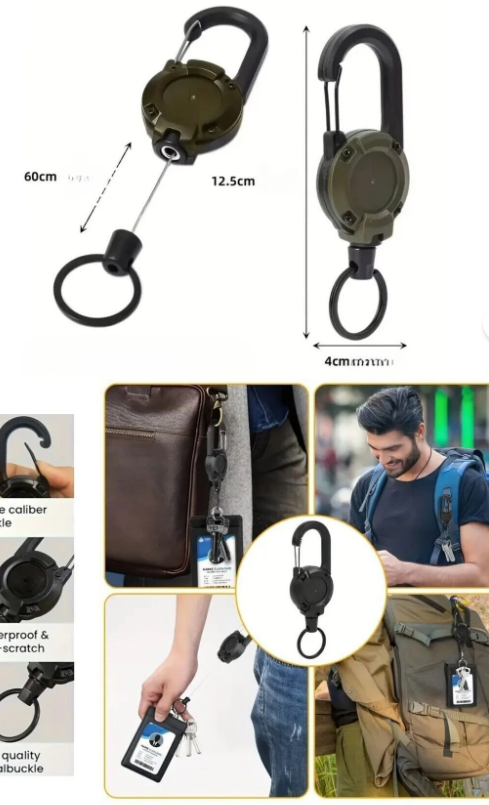 SİYAH GERİ ÇEKME ÇELİK TEL HALAT ANAHTARLIK OUTDOOR KAMP EKİPMANI KANCALI ANAHTARLIK