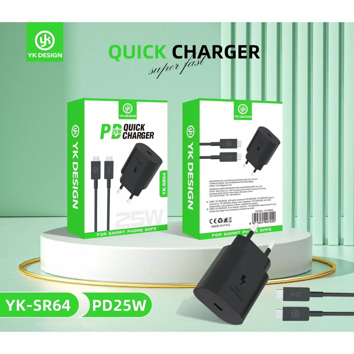 YK DESIGN YK-SR64 25W PD TYPE-C TO TYPE-C TURBO SİYAH ŞARJ ALETİ