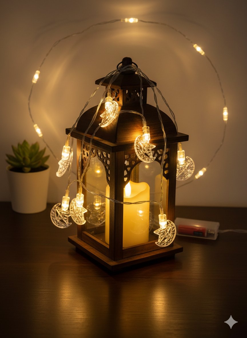 TEL LED 1,5 METRE ÇİZGİLİ AY YILDIZ 2 PİLLİ RAMAZAN SÜSÜ 