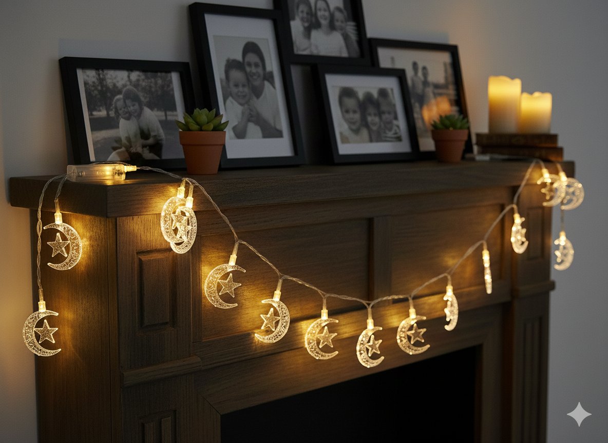 TEL LED 1,5 METRE ÇİZGİLİ AY YILDIZ 2 PİLLİ RAMAZAN SÜSÜ 