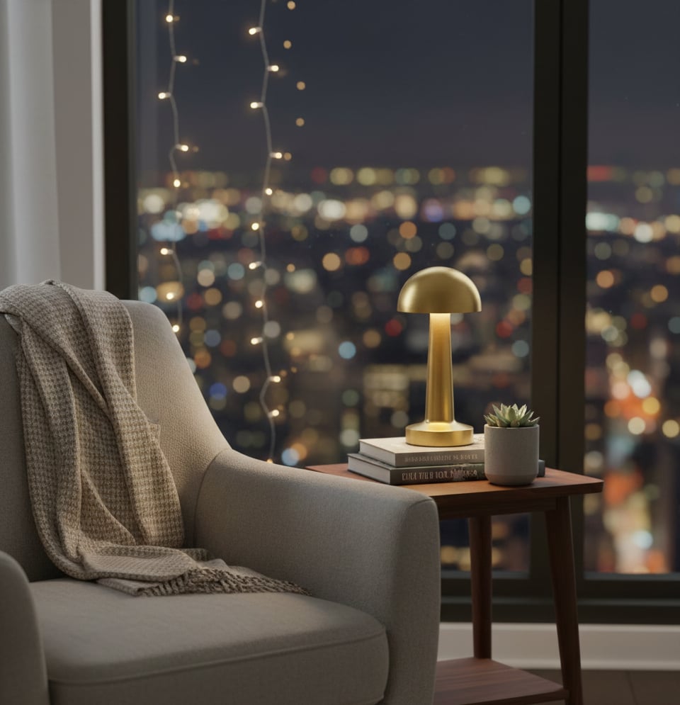 DEKORATİF METAL GOLD MANTAR KABLOSUZ MASA LAMBASI LEDLİ