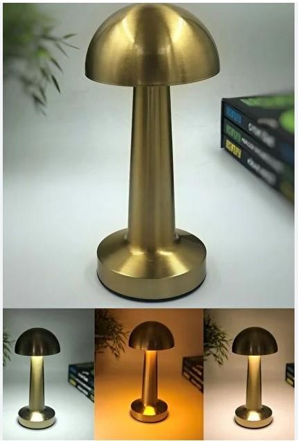 DEKORATİF METAL GOLD MANTAR KABLOSUZ MASA LAMBASI LEDLİ