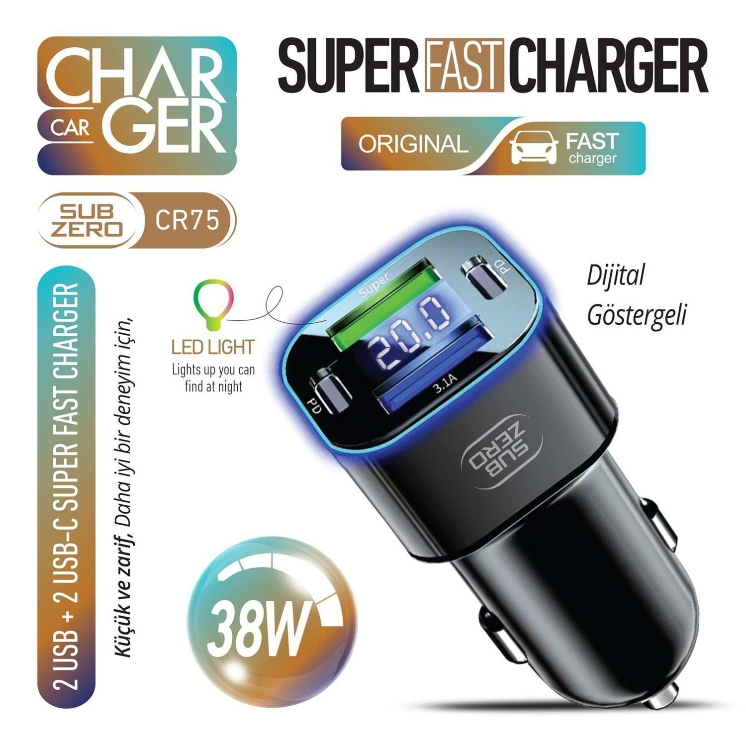 SUBZERO CR75 38W 2USBX2PD GİRİŞ DİGİTAL GÖSTERGELİ SÜPER FAST RGB ARAÇ ŞARJ