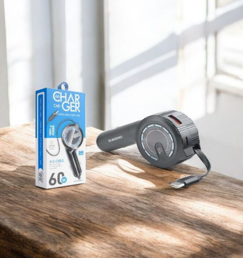 SUBZERO CR66 60W TYPE-C GİRİŞLİ KENİNDEN MAKARALI KABLOLU ARAÇ ŞARJ ALETİ 