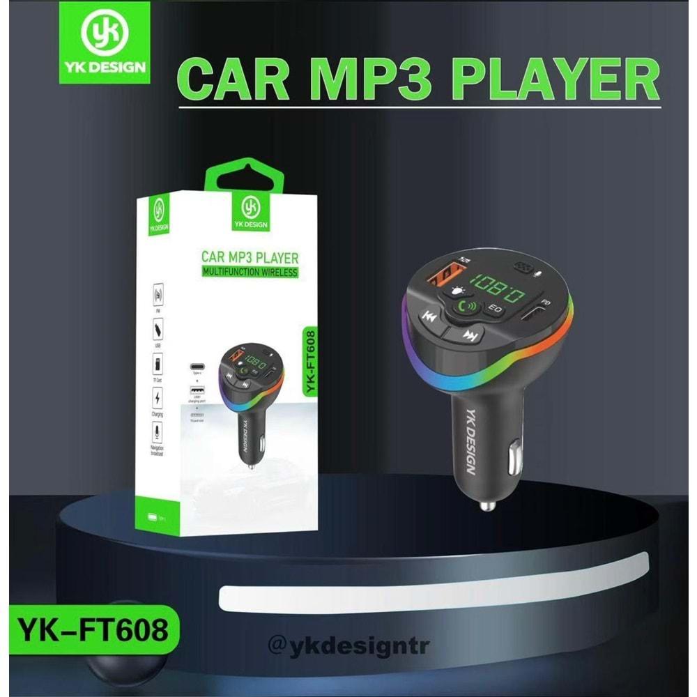YK DESİGN FT608 ARAÇ FM TRANSMİTTER BLUETOOTH USB MP3 SD KART PD TYPEC ŞARJ