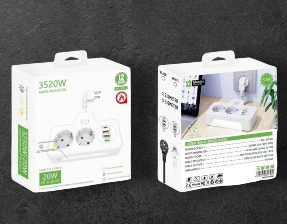 YK DESIGN KL-502EU AKIM KORUMALI PRİZ GRUBU AŞIRI YÜK KORUMASI 3250W 100-250V 50/60HZ