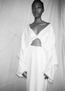 bb:27 volume draped open back  v neck top dress photo 2