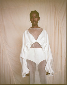 bb:27 volume draped open back  v neck top dress photo 3