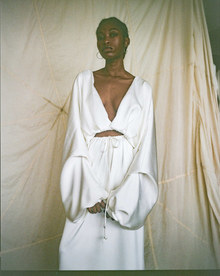 bb:27 volume draped open back  v neck top dress photo 1