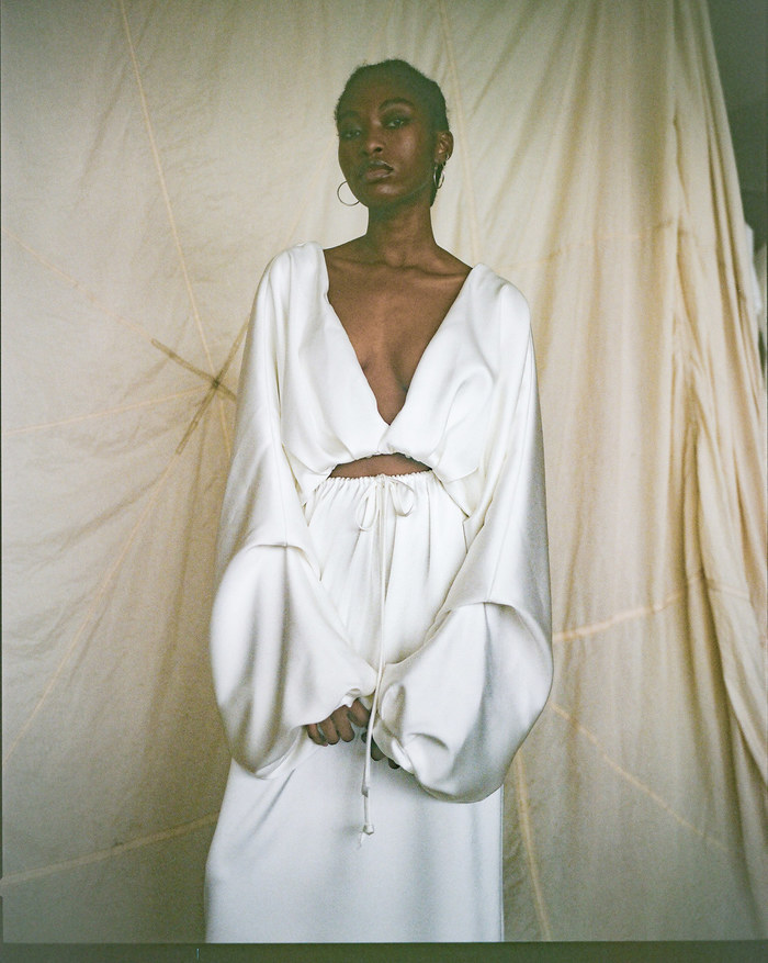 bb:27 volume draped open back  v neck top dress photo