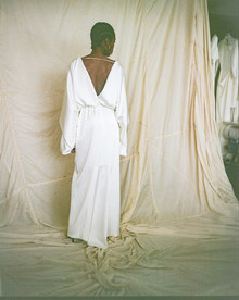 bb:27 volume draped open back  v neck top dress photo 4