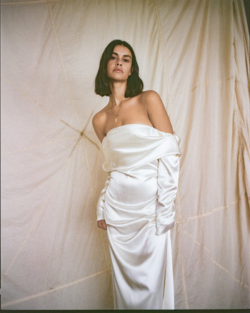 bb:20 silk satin off shoulder full length gown  dress photo