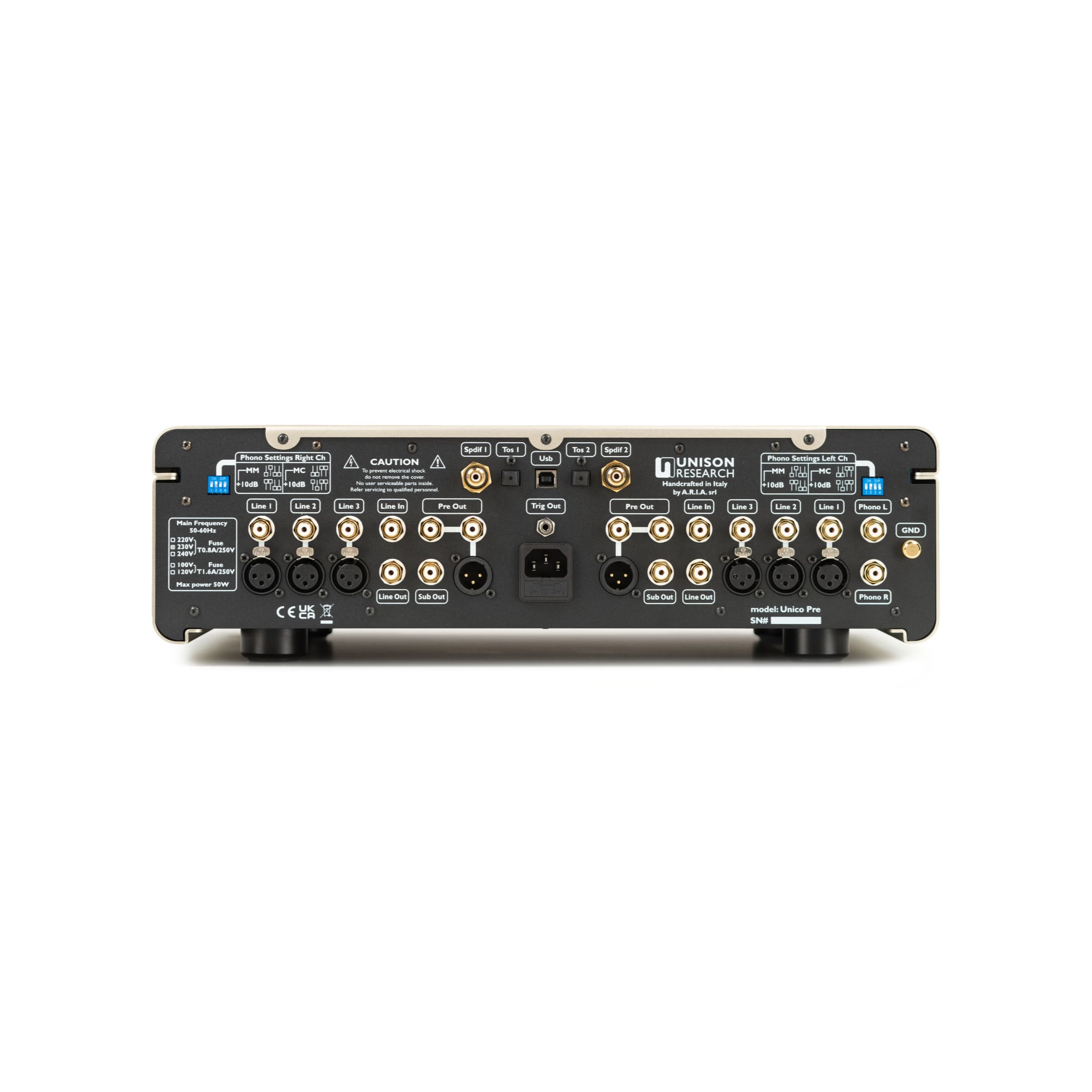 Unison Research Unico PRE V2 zadný panel s analógovými RCA, XLR, digitálnymi vstupmi a phono sekciou