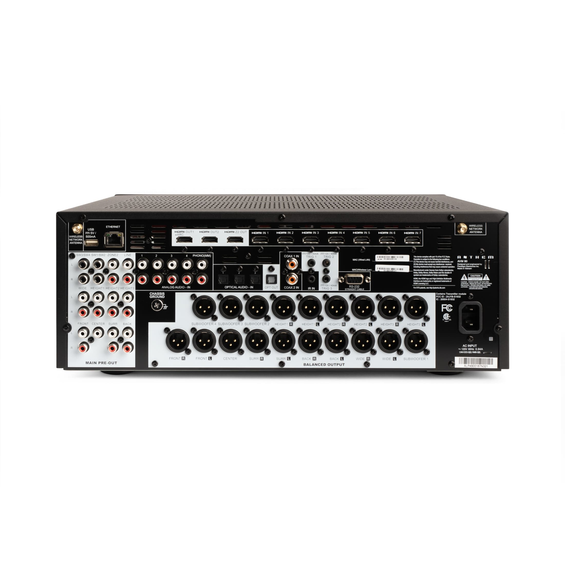 Anthem AVM 90 8K zadný panel s HDMI, symetrickými XLR, RCA a štyrmi subwooferovými výstupmi