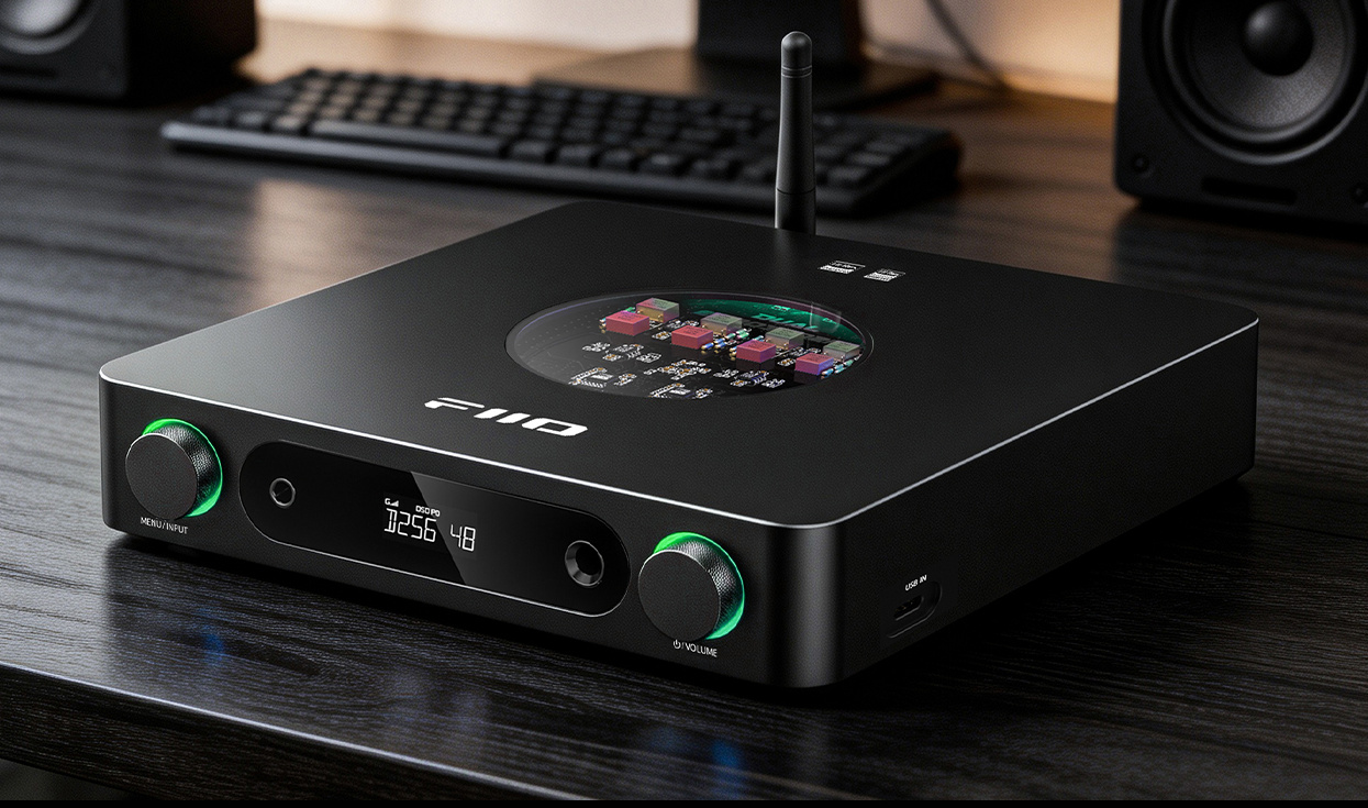 FiiO K13 v pracovnej audio zostave s počítačom, slúchadlami a monitorom