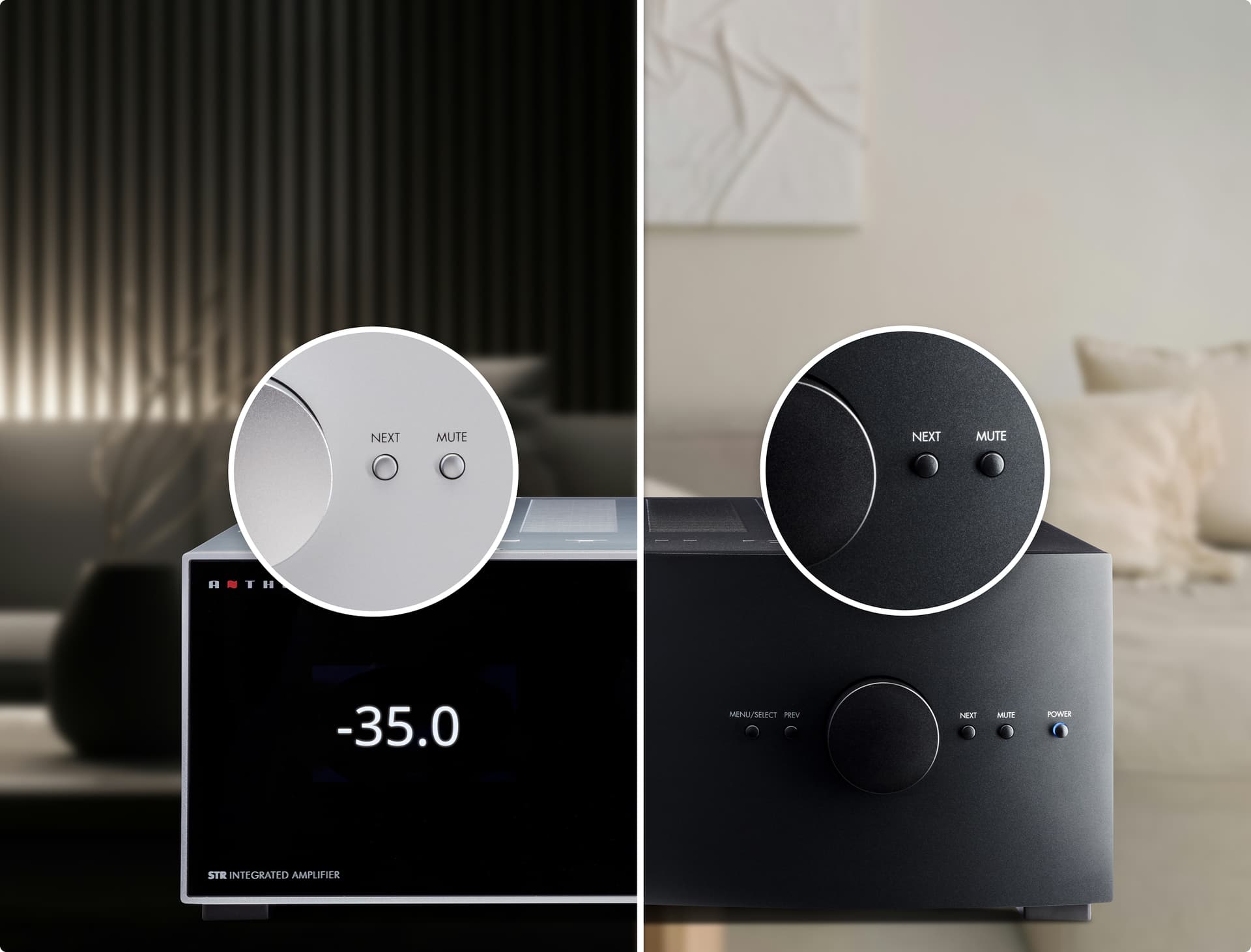 Anthem STR Integrated Amplifier elegantný dizajn v čiernom a striebornom vyhotovení