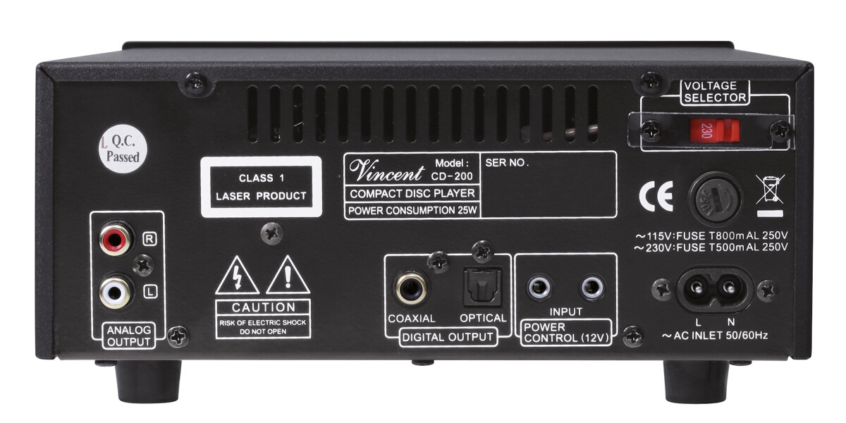 Zadní panel Vincent CD-200 s RCA, optickým a koaxiálním výstupem