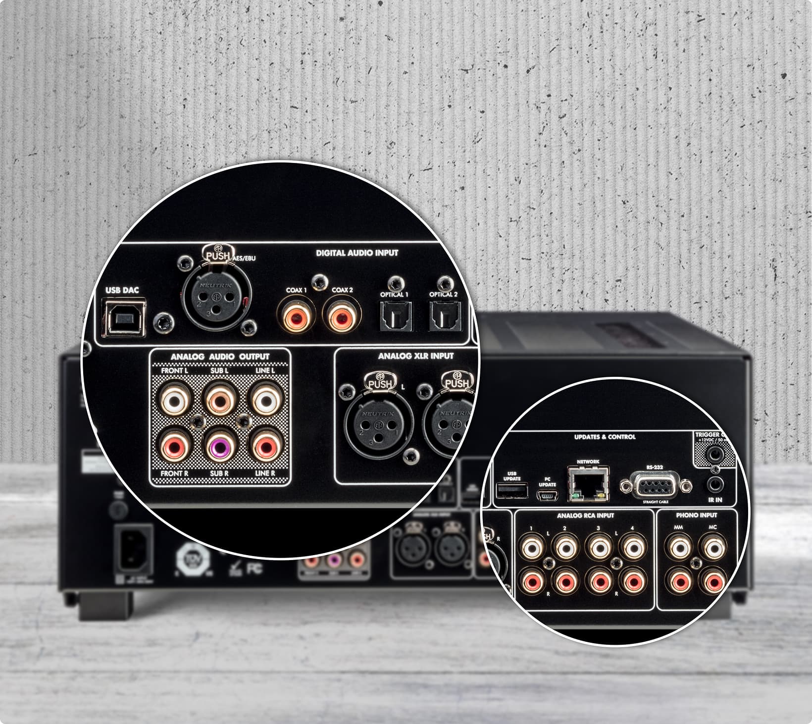 Anthem STR Integrated Amplifier detail zadného panela s XLR, RCA, USB, optickými, koaxiálnymi a phono konektormi